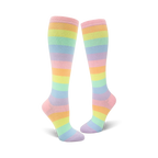 Pair of pastel rainbow striped knee-high socks.  Main colors are pale pink, lavender, light orange, and mint green.