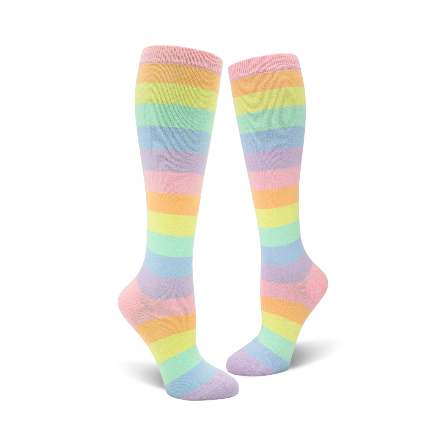 Pair of pastel rainbow striped knee-high socks.  Main colors are pale pink, lavender, light orange, and mint green.