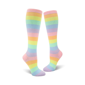 pride-themed knee-high womens socks: pastel-colored rainbow stripes.  