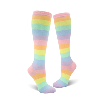 fun women's knee high socks with a pastel rainbow stripe pattern