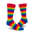 Pair of crew socks in a rainbow stripe pattern.  Colors include red, orange, yellow, green, blue, indigo, and violet.