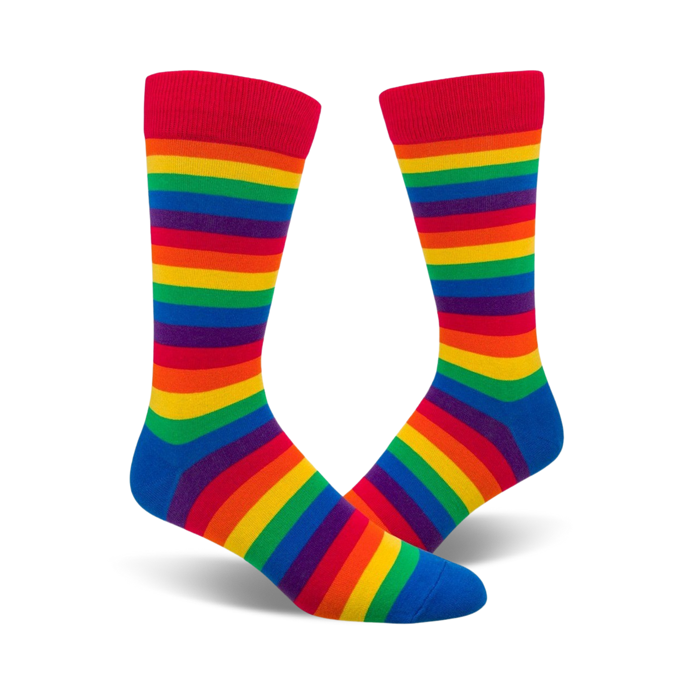 Pair of crew socks in a rainbow stripe pattern.  Colors include red, orange, yellow, green, blue, indigo, and violet.