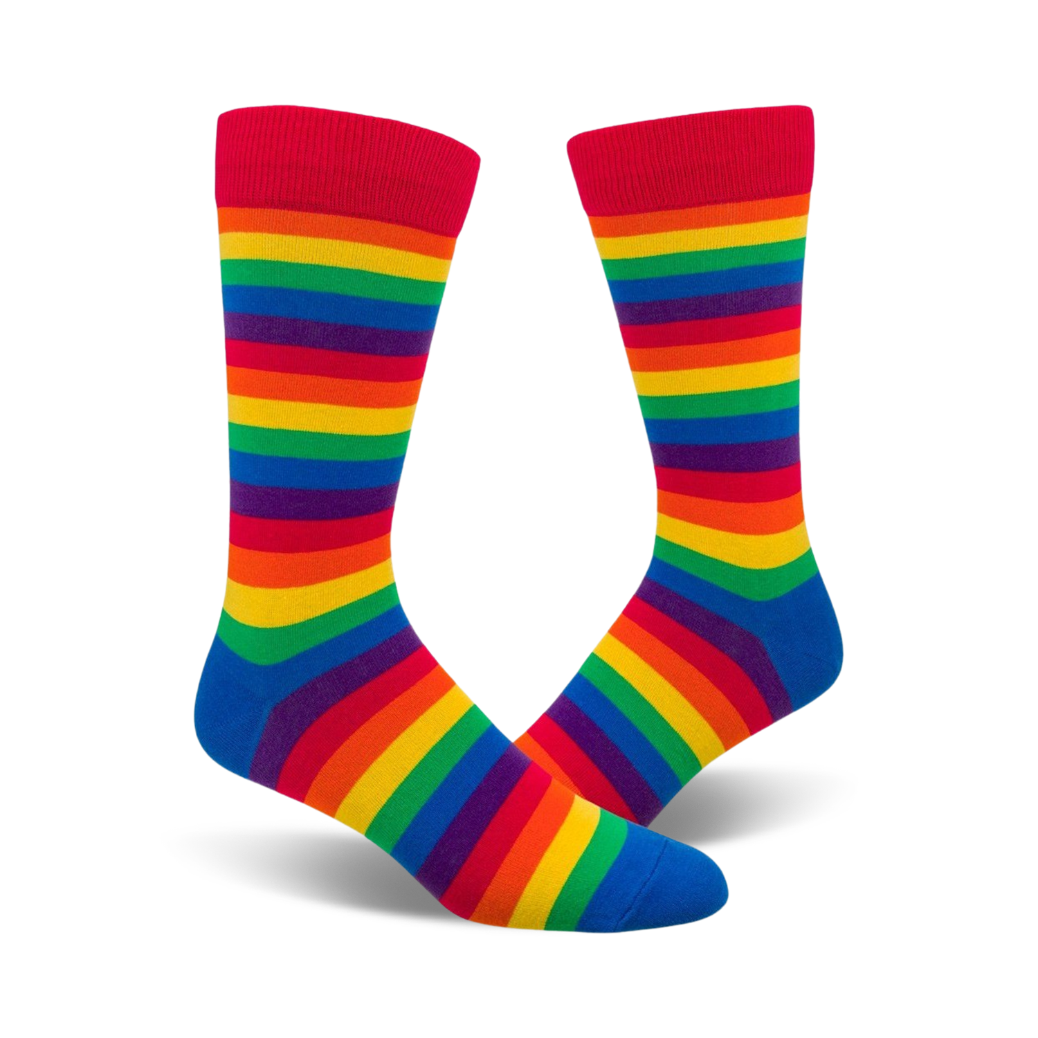 Pair of crew socks in a rainbow stripe pattern.  Colors include red, orange, yellow, green, blue, indigo, and violet.