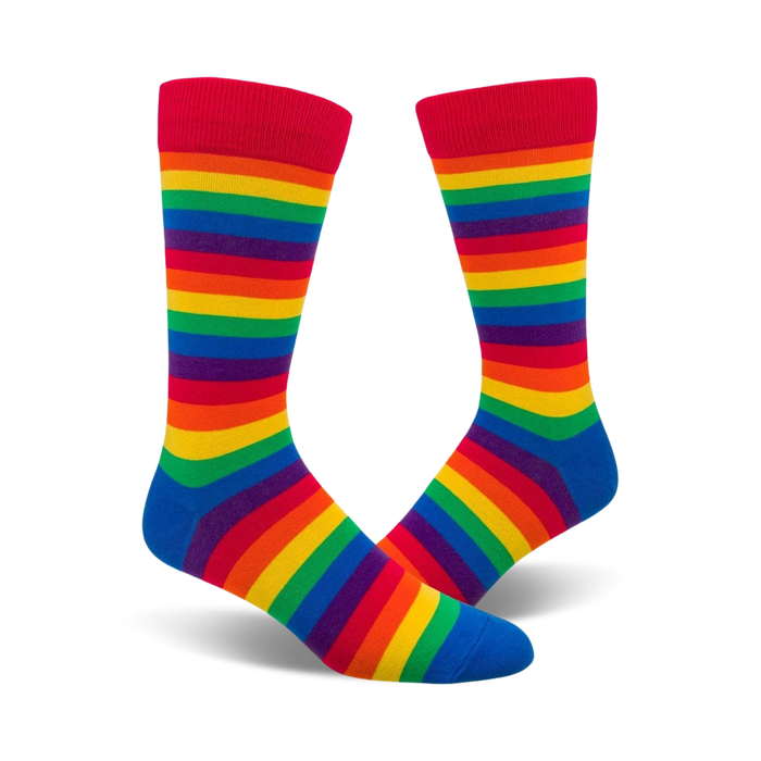 men's classic rainbow striped crew socks in red, orange, yellow, green, blue, purple, and dark blue.   }}