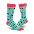 Pair of teal crew socks with a colorful pattern of various sunglasses.  Red, yellow, and gray sunglasses are featured on a teal background.