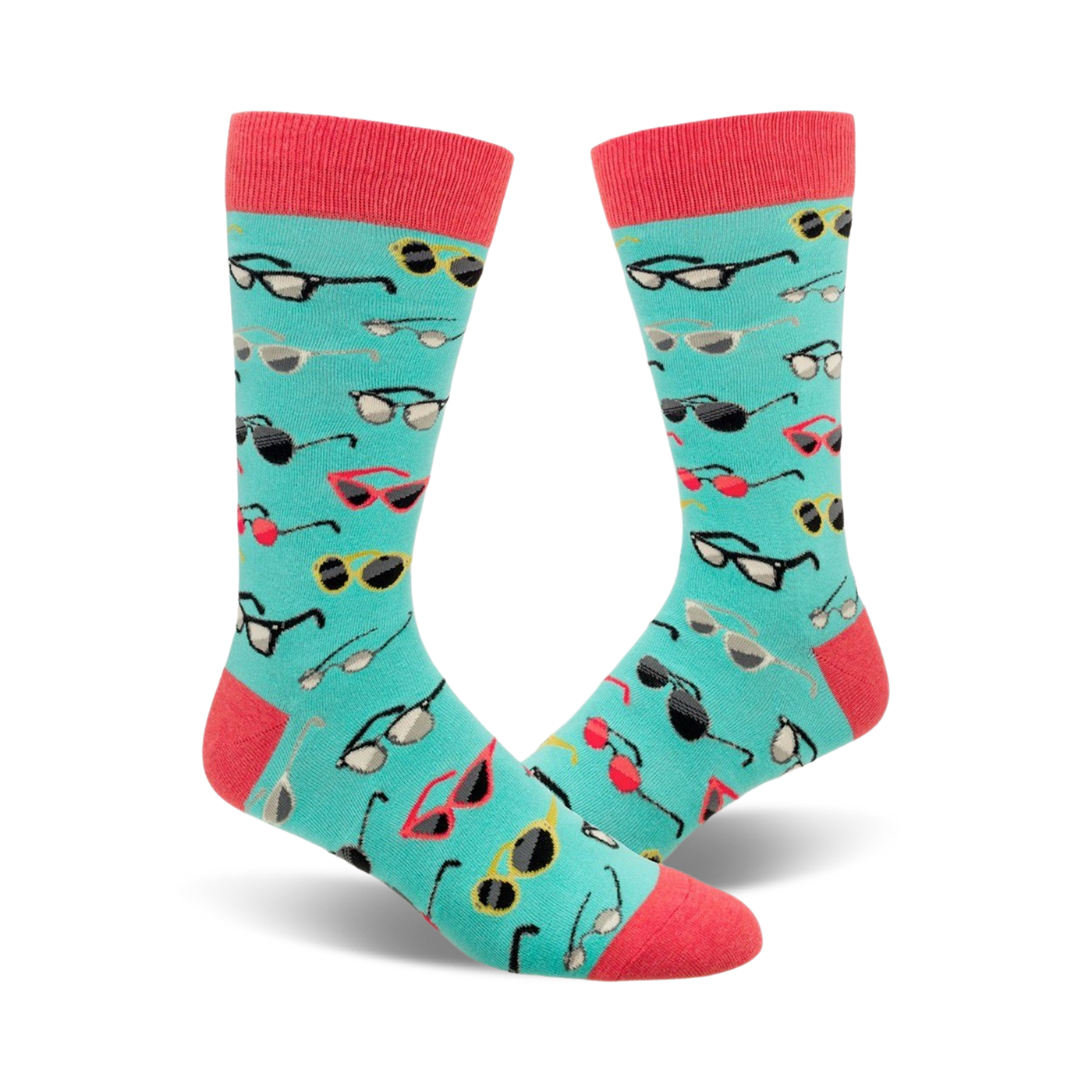 Pair of teal crew socks with a colorful pattern of various sunglasses.  Red, yellow, and gray sunglasses are featured on a teal background.