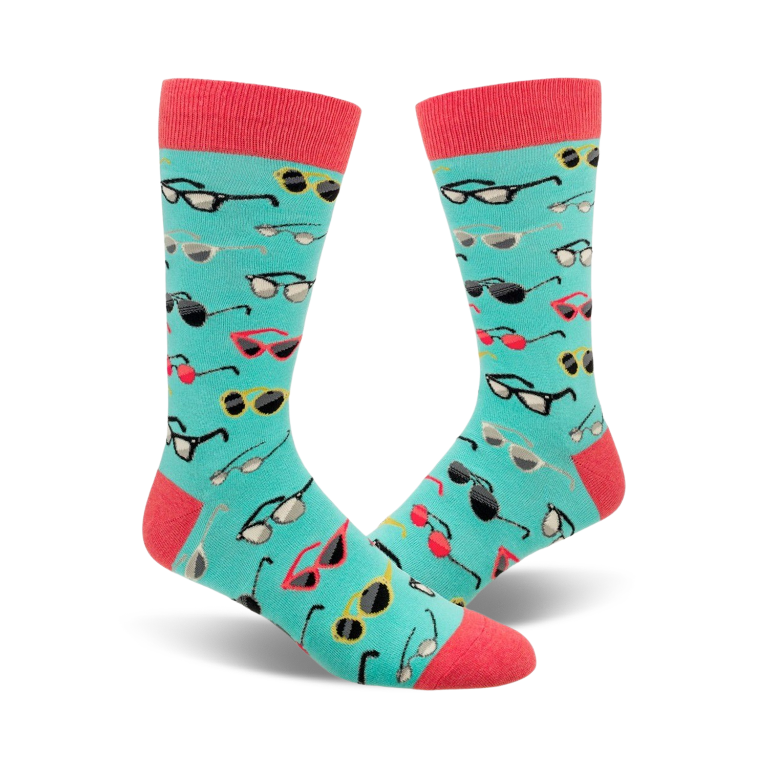 Pair of teal crew socks with a colorful pattern of various sunglasses.  Red, yellow, and gray sunglasses are featured on a teal background.