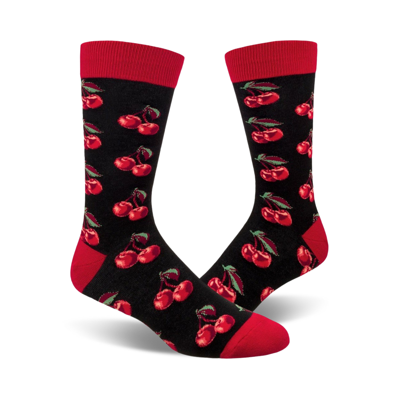 Pair of black crew socks with a repeating pattern of red cherries and green stems. Red cuffs.