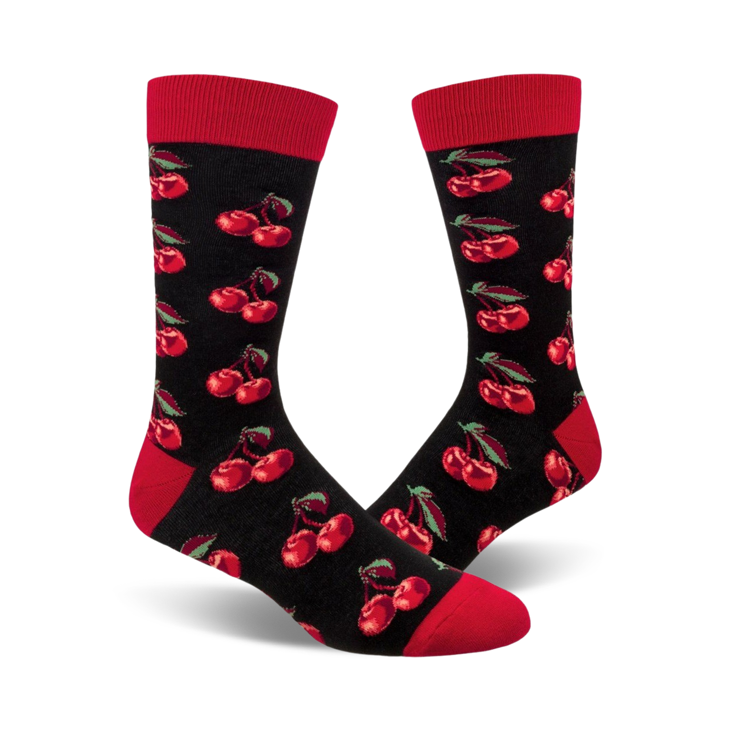 Pair of black crew socks with a repeating pattern of red cherries and green stems. Red cuffs.