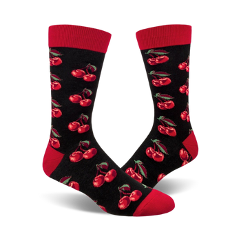 black crew socks with repeating cherry pattern and red top. no frills, just cherry goodness.   
