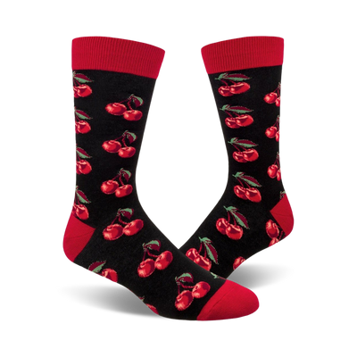  black crew socks with repeating cherry pattern and red top. no frills, just cherry goodness.   