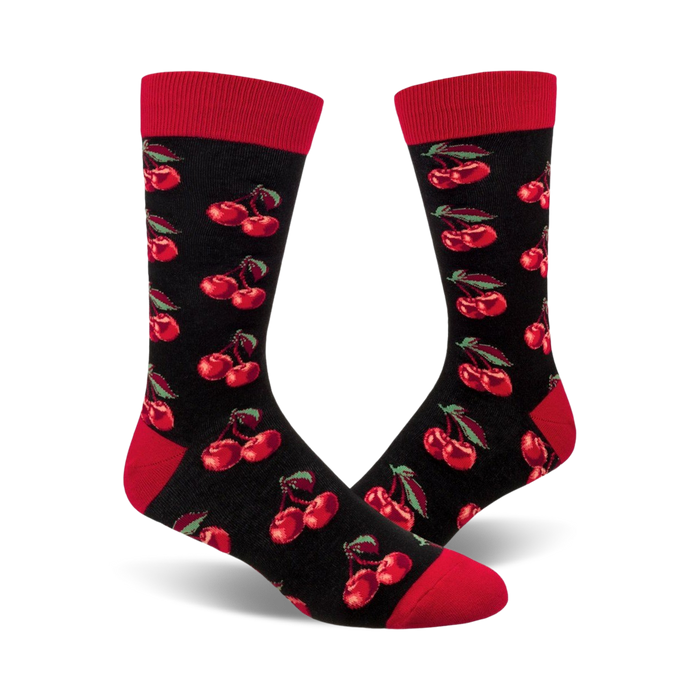  black crew socks with repeating cherry pattern and red top. no frills, just cherry goodness.    }}