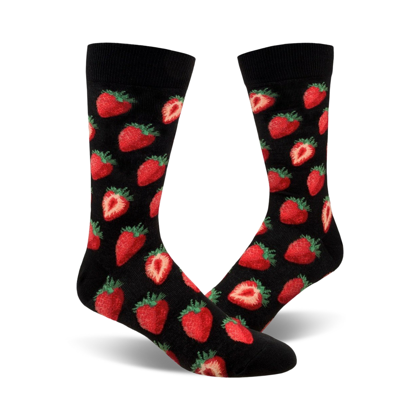 A pair of black crew socks with a red strawberry pattern. The strawberries are realistically rendered and scattered across the socks.