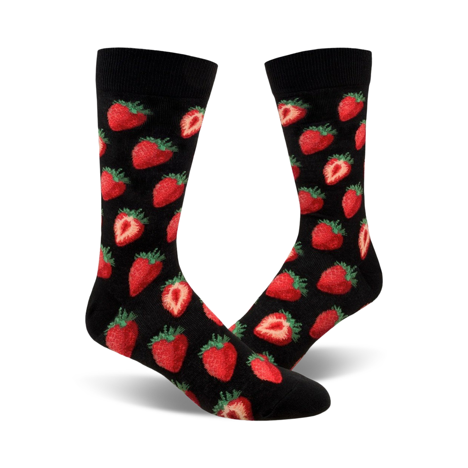A pair of black crew socks with a red strawberry pattern. The strawberries are realistically rendered and scattered across the socks.