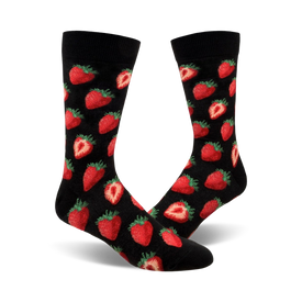 mens crew socks; black with red strawberries pattern; food & drink theme   