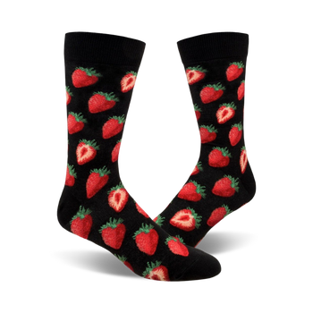 mens crew socks; black with red strawberries pattern; food & drink theme   