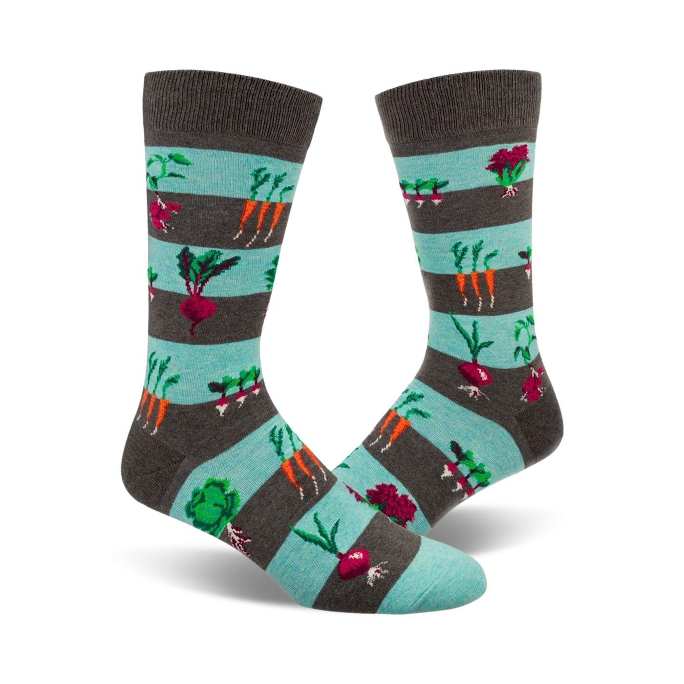 Pair of crew socks with teal and gray stripes.  The socks are adorned with colorful images of carrots, beets, radishes, and other garden vegetables.