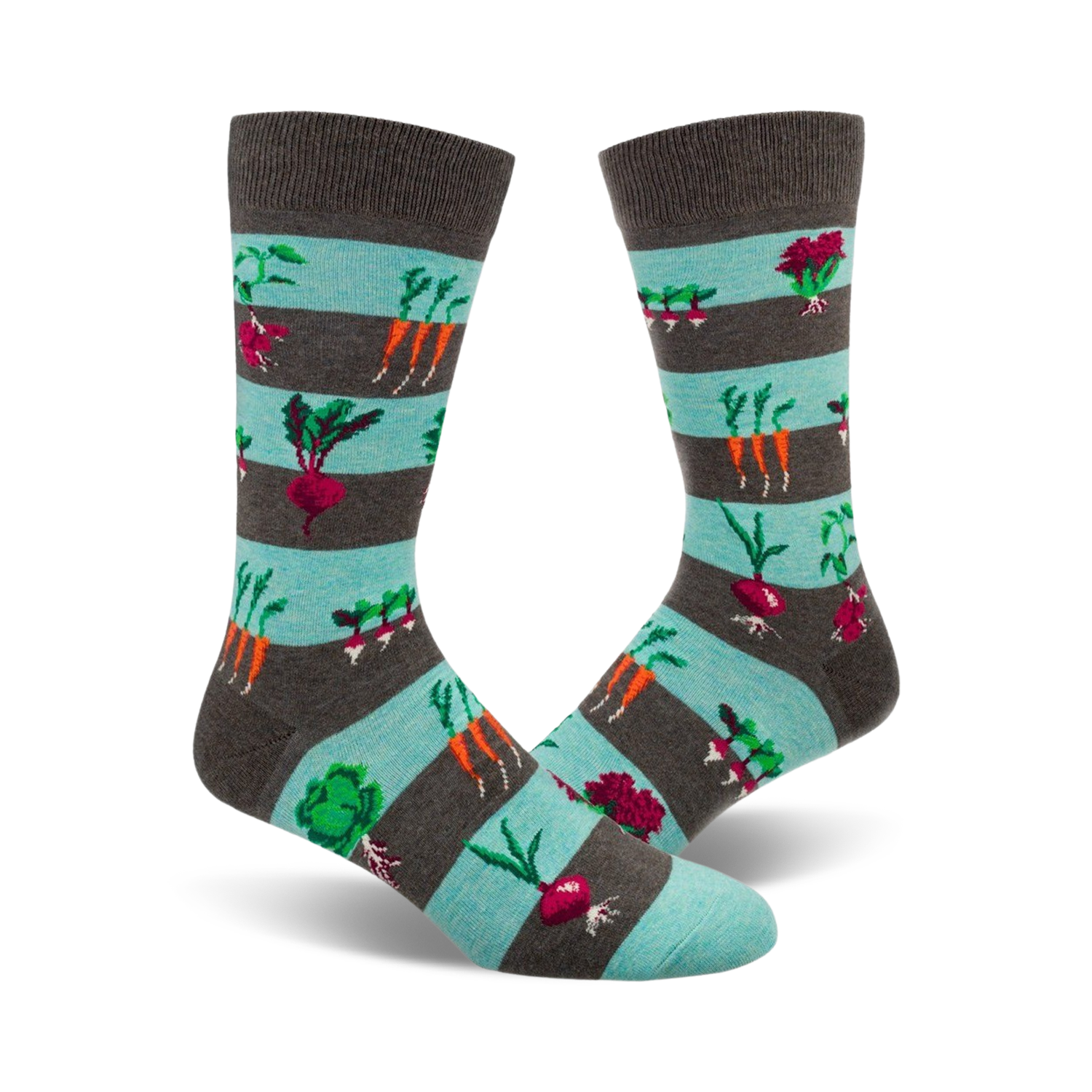 Pair of crew socks with teal and gray stripes.  The socks are adorned with colorful images of carrots, beets, radishes, and other garden vegetables.