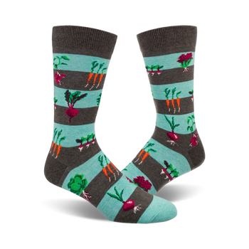blue, gray, and brown crew length socks with a fun pattern of carrots, radishes, cabbages, and beets.   