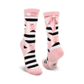 Pair of black and pink striped ballet slipper socks with pink ribbons and bows.  Fun and whimsical design.