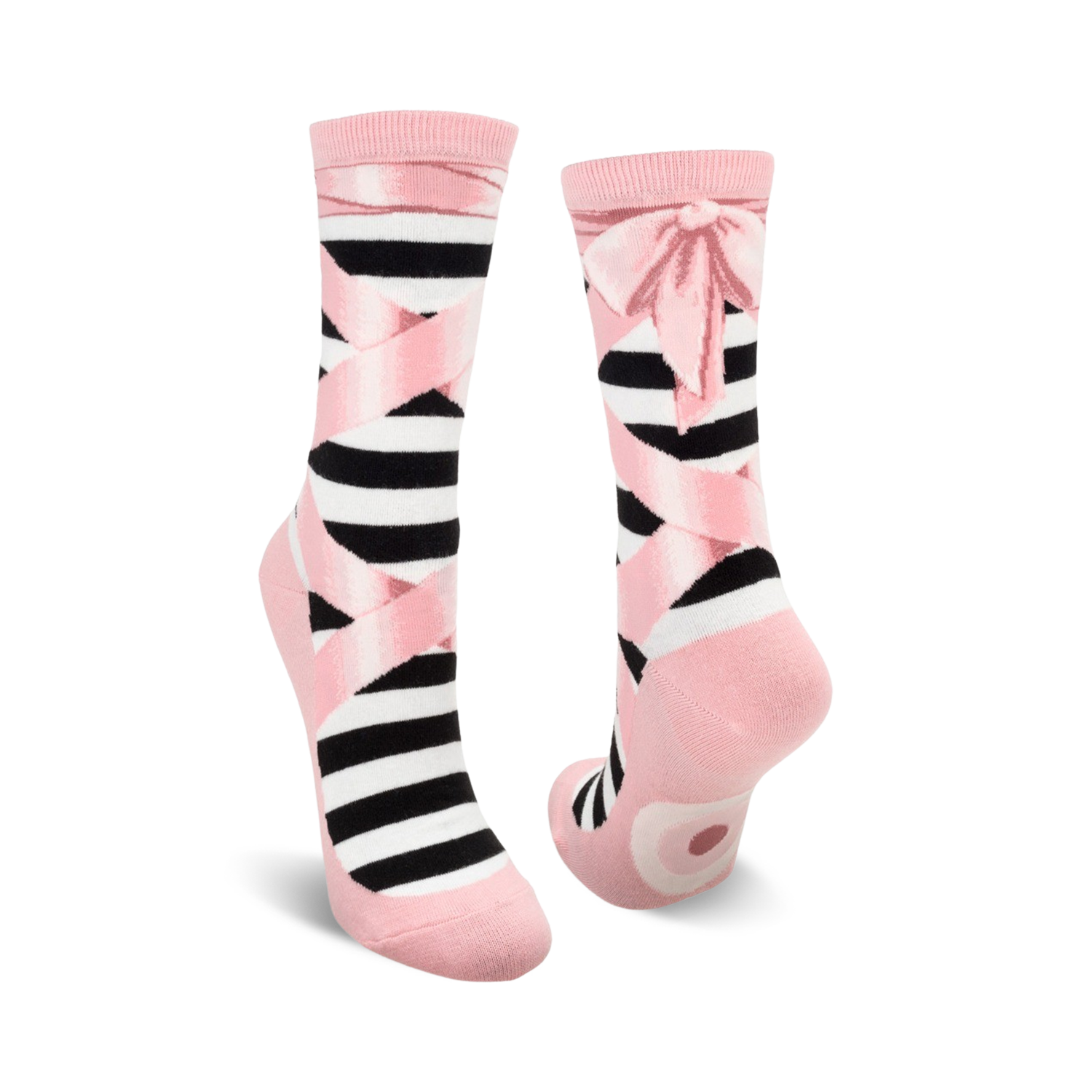 Pair of black and pink striped ballet slipper socks with pink ribbons and bows.  Fun and whimsical design.