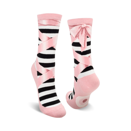Pair of black and pink striped ballet slipper socks with pink ribbons and bows.  Fun and whimsical design.