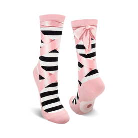 pink and black crew socks with ballet slipper pattern.  