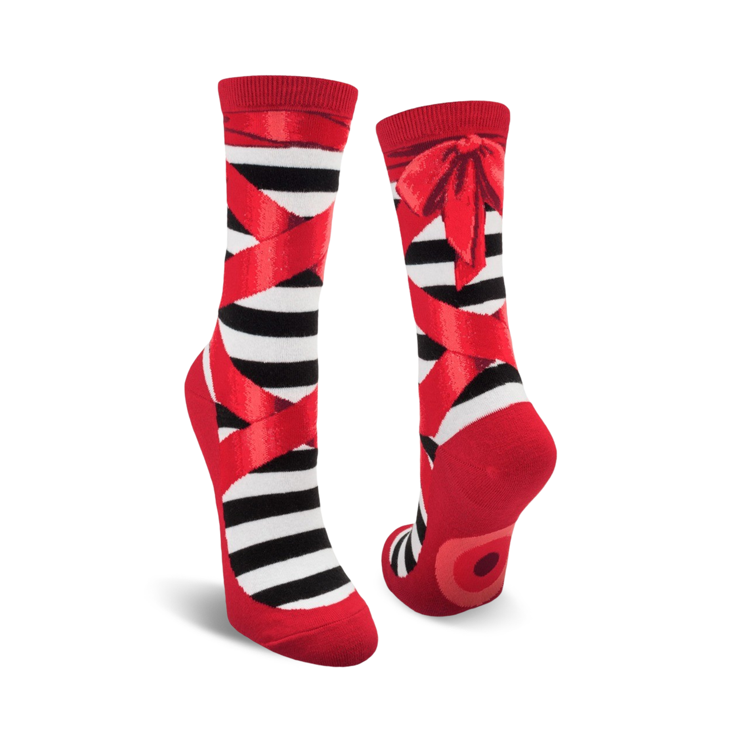 A pair of black and red striped ballet slipper socks with red ribbons and bows. Fun and whimsical design.