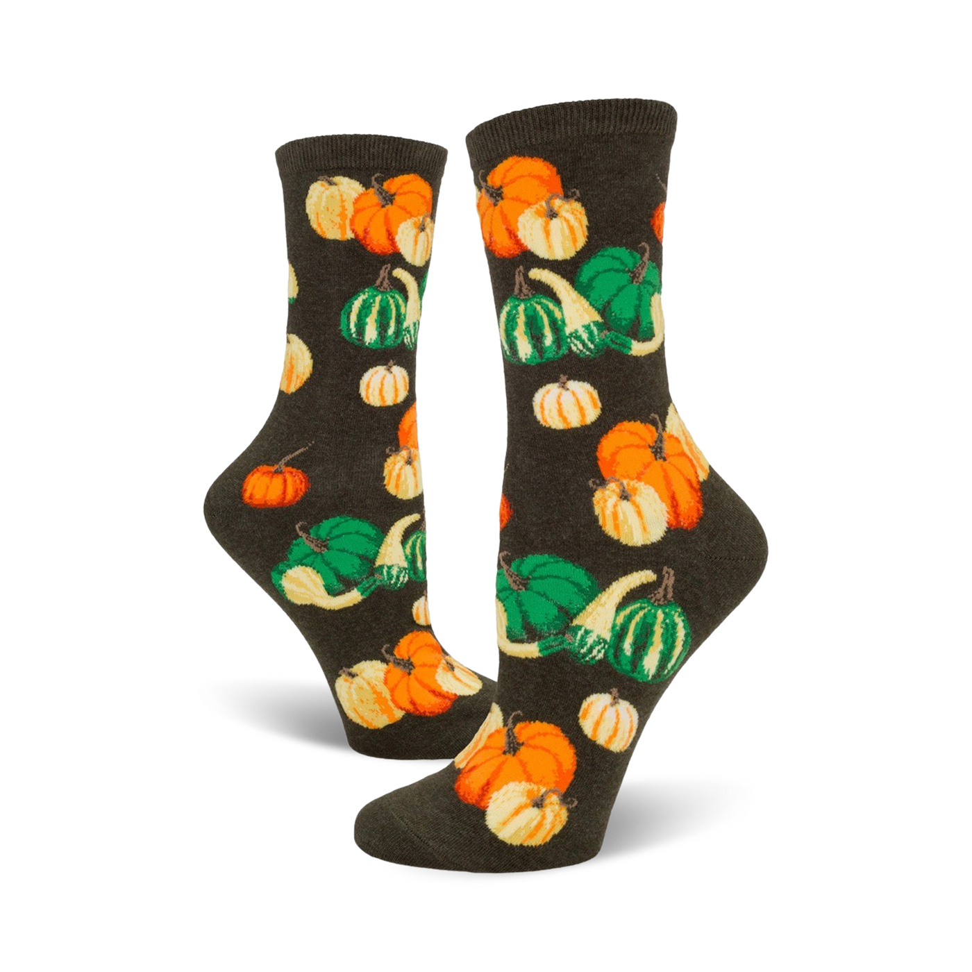A pair of women's crew socks in dark green, adorned with a whimsical pattern of orange and green pumpkins and gourds.