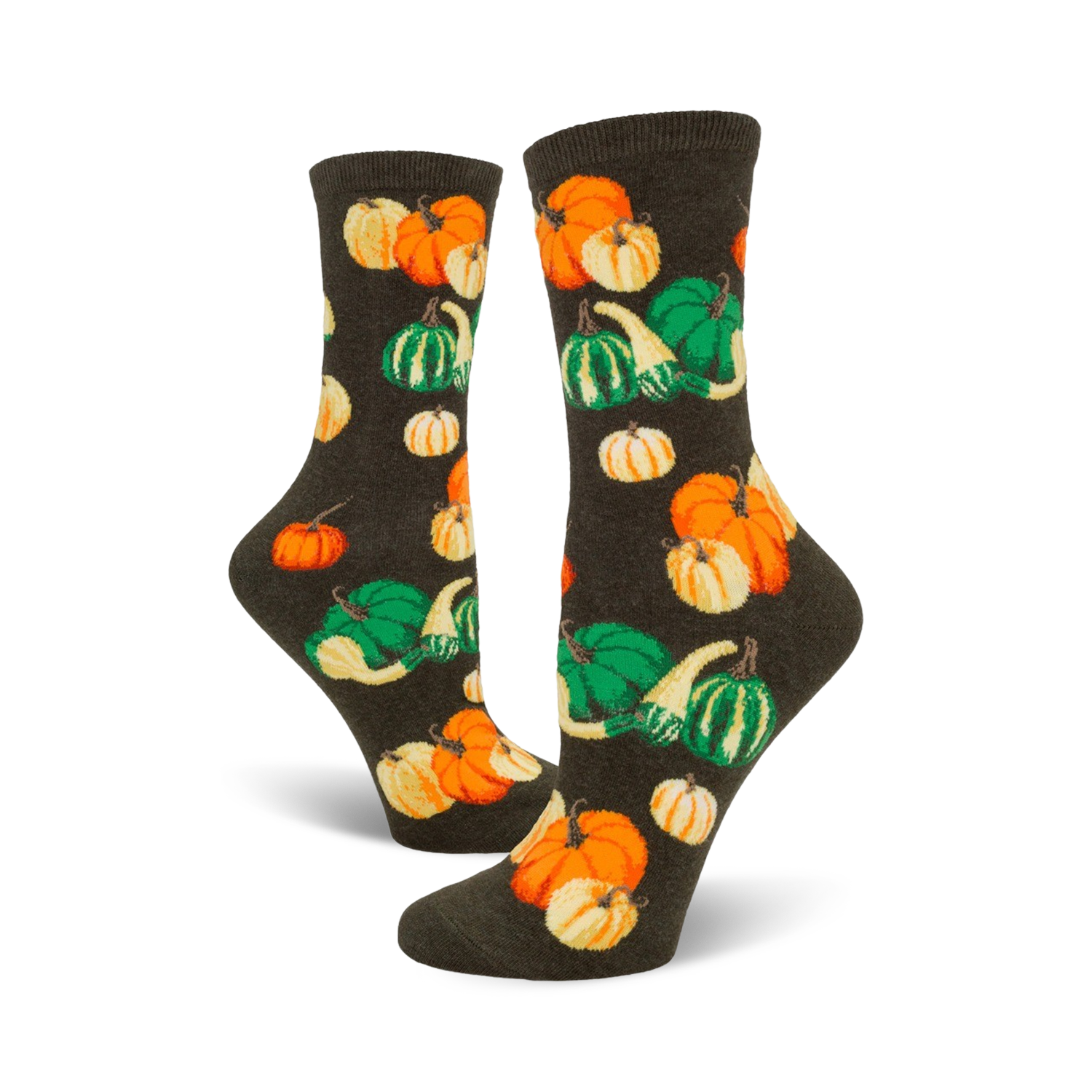A pair of women's crew socks in dark green, adorned with a whimsical pattern of orange and green pumpkins and gourds.