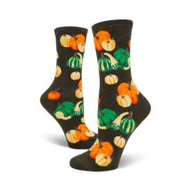 oh my gourd crew socks for women, fall theme, dark green with orange, yellow, green pumpkins and gourds pattern  