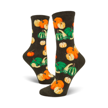 oh my gourd crew socks for women, fall theme, dark green with orange, yellow, green pumpkins and gourds pattern  
