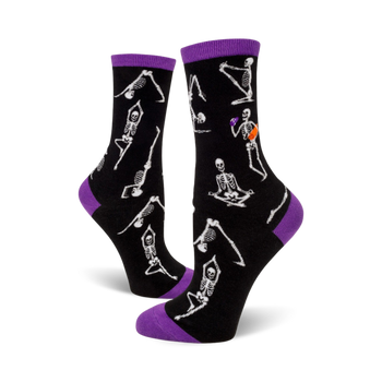 skeleton yoga halloween themed womens black novelty crew socks