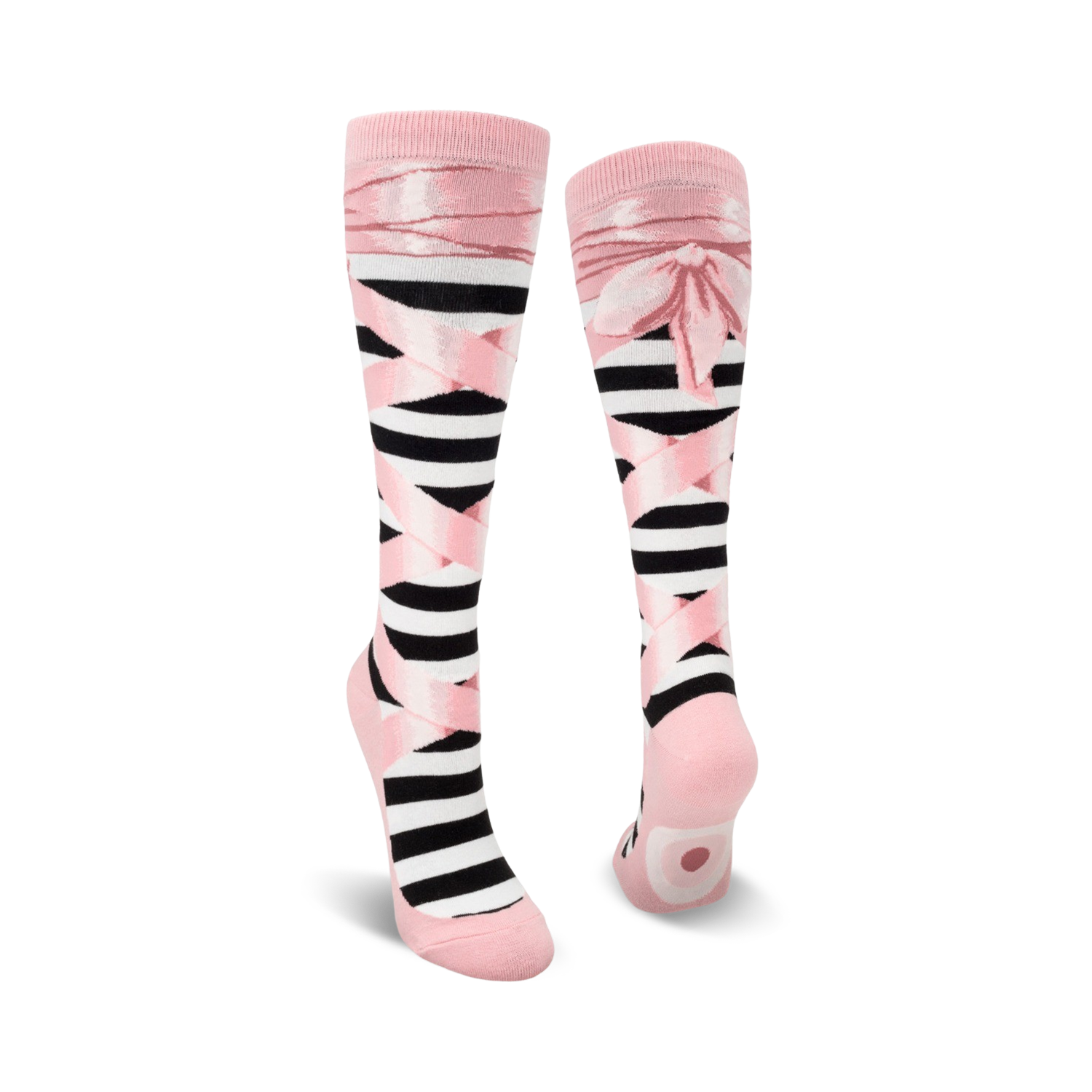 Pair of black and pink striped knee-high socks with pink ribbon ballerina design. 