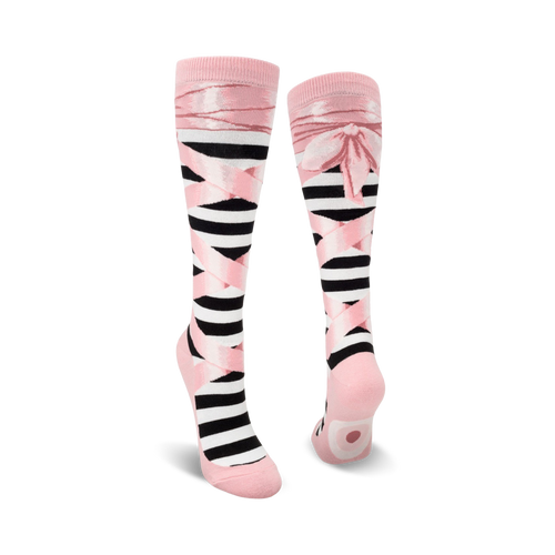 Pair of black and pink striped knee-high socks with pink ribbon ballerina design. 