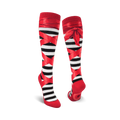 Pair of black and red striped knee-high socks with red ribbon ballerina design.
