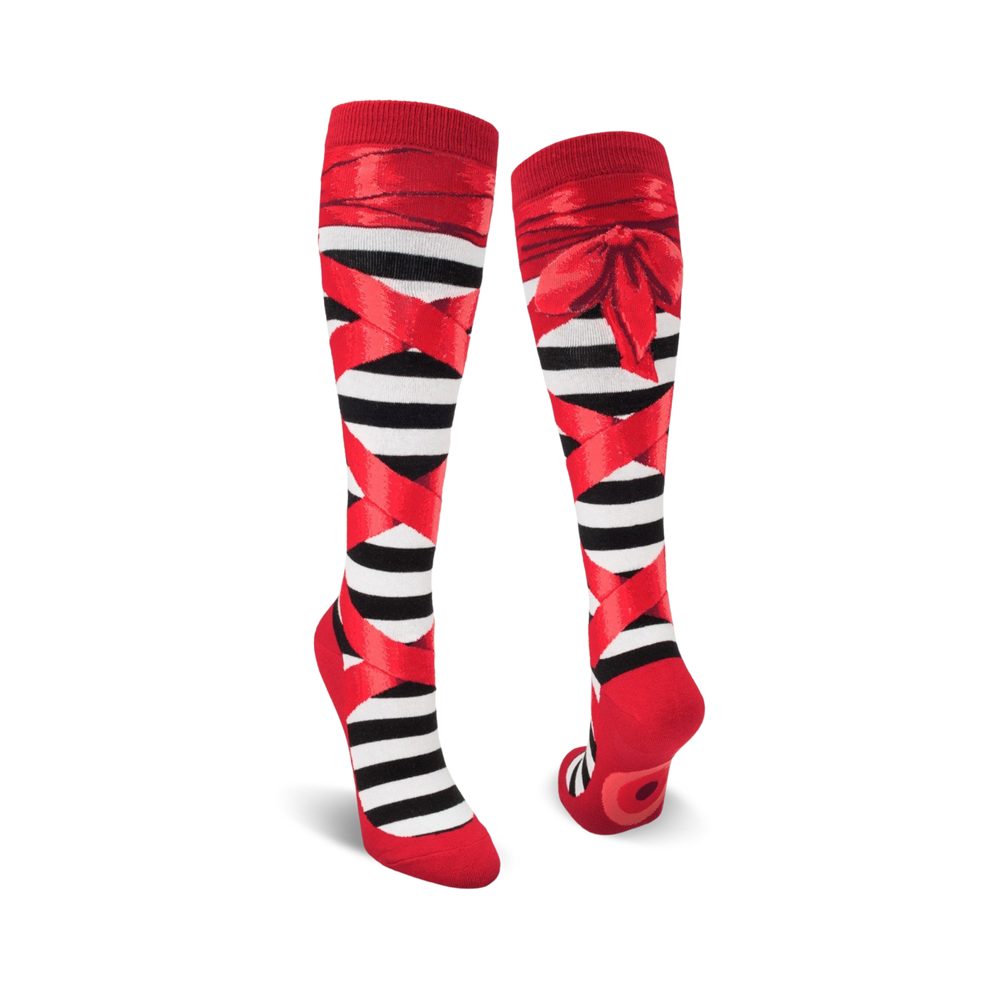 Pair of black and red striped knee-high socks with red ribbon ballerina design.