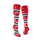 Pair of black and red striped knee-high socks with red ribbon ballerina design.