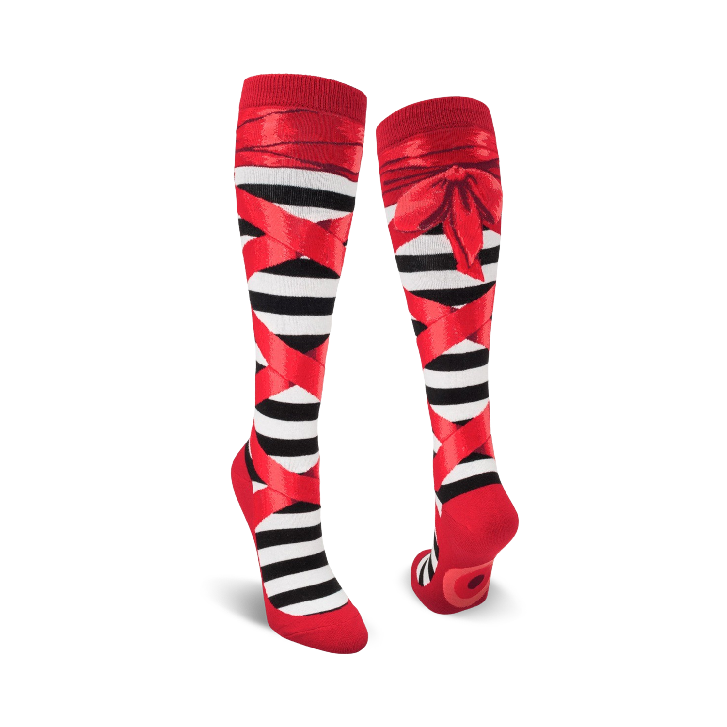 Pair of black and red striped knee-high socks with red ribbon ballerina design.