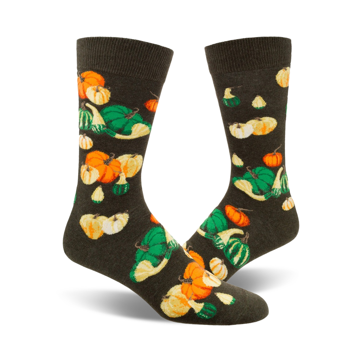 Crew socks in dark green with an all-over print of orange pumpkins and green gourds. Festive and fun!