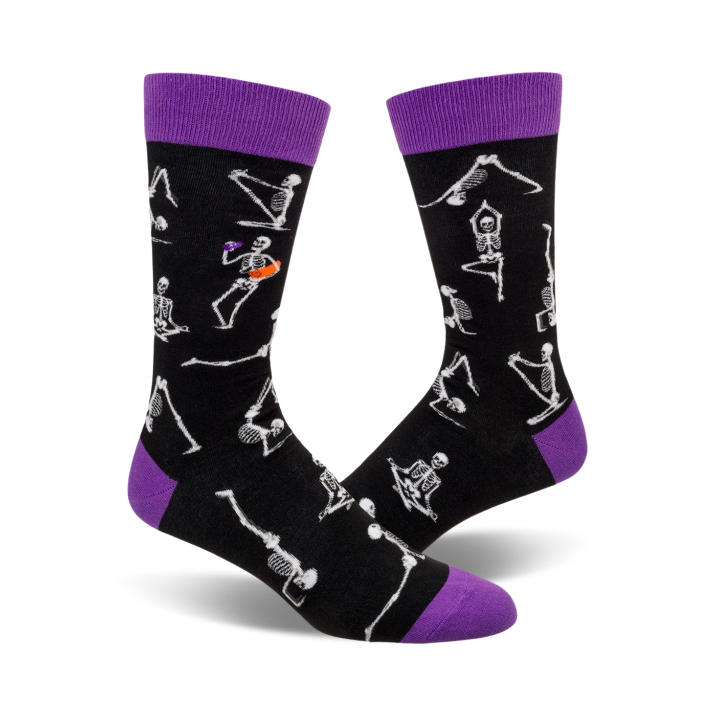 Black crew socks with purple cuffs.  The design features white skeletons performing different yoga poses.  A fun and spooky design!
