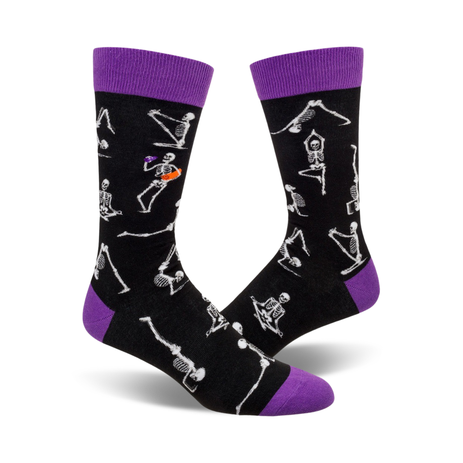 Black crew socks with purple cuffs.  The design features white skeletons performing different yoga poses.  A fun and spooky design!