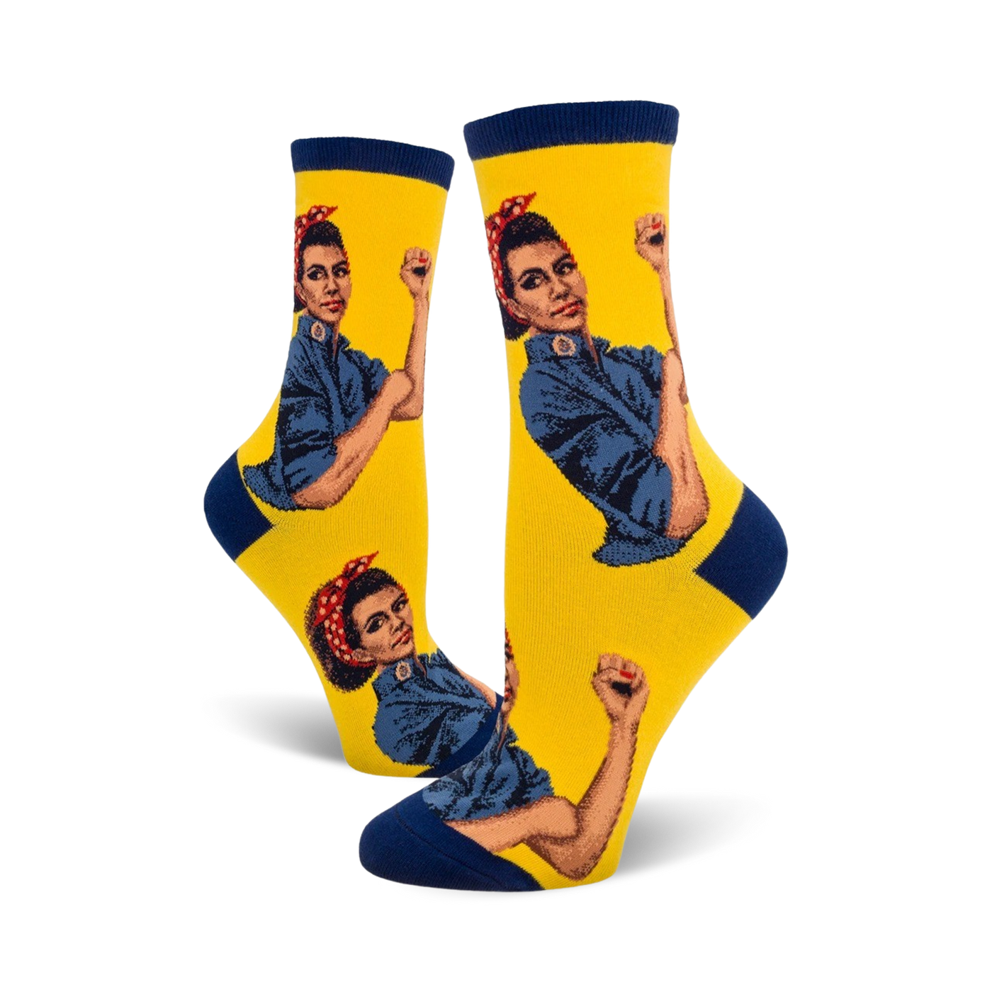 Crew socks in yellow with navy blue cuffs, featuring a repeated image of Rosie the Riveter flexing her bicep.