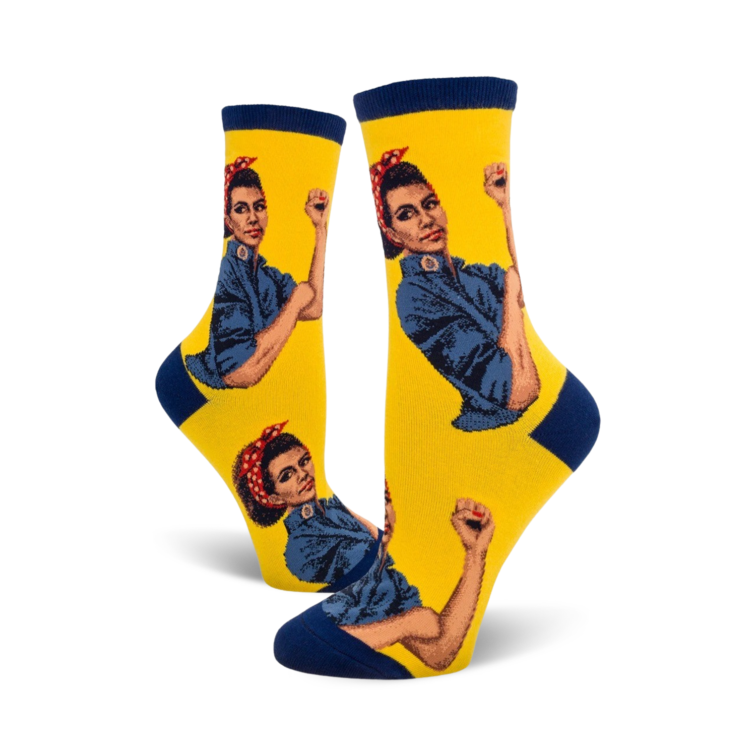 Crew socks in yellow with navy blue cuffs, featuring a repeated image of Rosie the Riveter flexing her bicep.