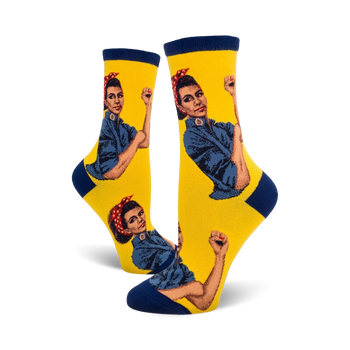yellow crew socks featuring rosie the riveter, an iconic symbol of girl power, in blue and red.  