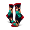 Crew socks featuring a repeated image of Rosie the Riveter wearing a face mask, flexing her bicep.  Colors are teal, black, and red.
