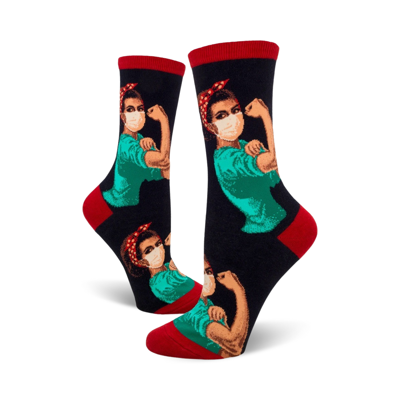 Crew socks featuring a repeated image of Rosie the Riveter wearing a face mask, flexing her bicep.  Colors are teal, black, and red.