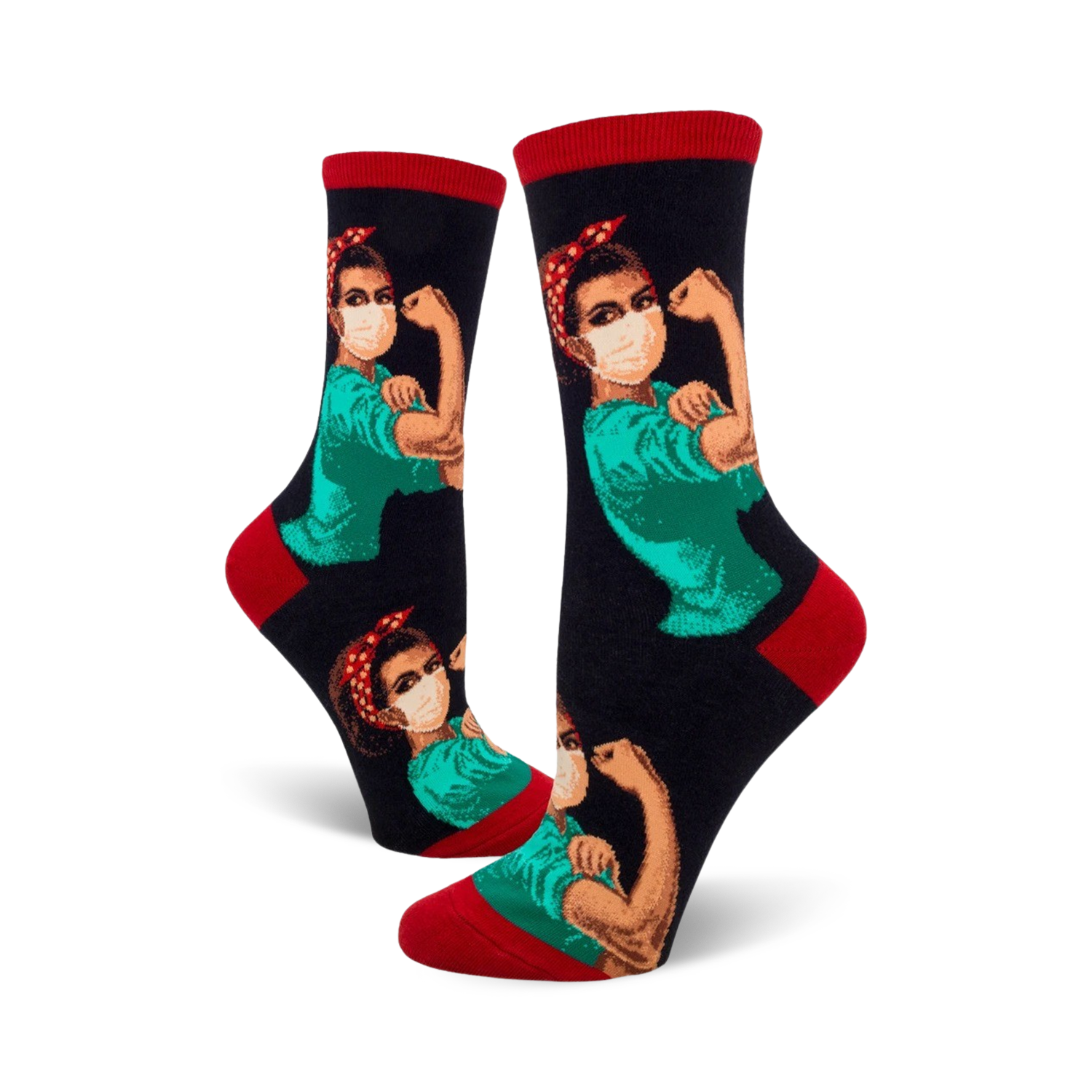 Crew socks featuring a repeated image of Rosie the Riveter wearing a face mask, flexing her bicep.  Colors are teal, black, and red.