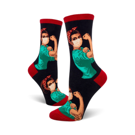 black rosie the nurse crew socks feature rosie the riveter in a surgical mask, representing girl power in healthcare.  