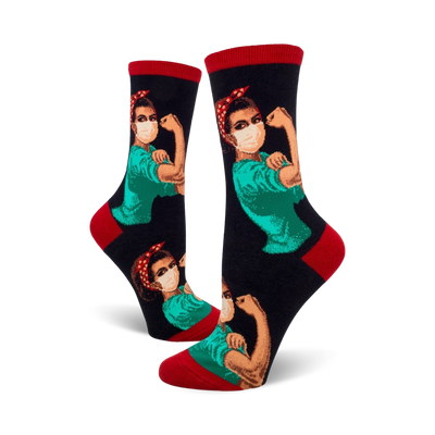 black rosie the nurse crew socks feature rosie the riveter in a surgical mask, representing girl power in healthcare.  